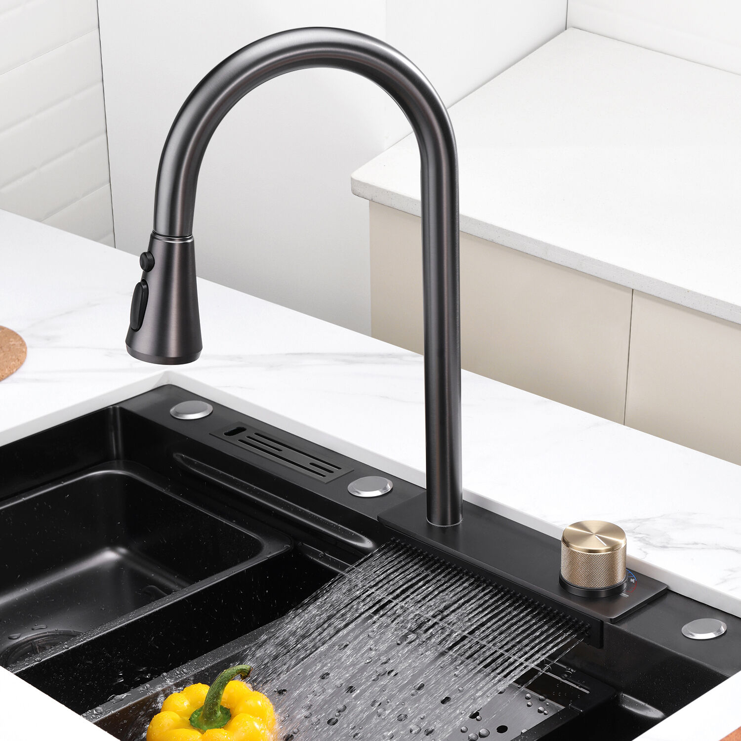 HUKA | Workstation Kitchen Sink Kit with Waterfall Faucet & Knife Holder - SKS2302